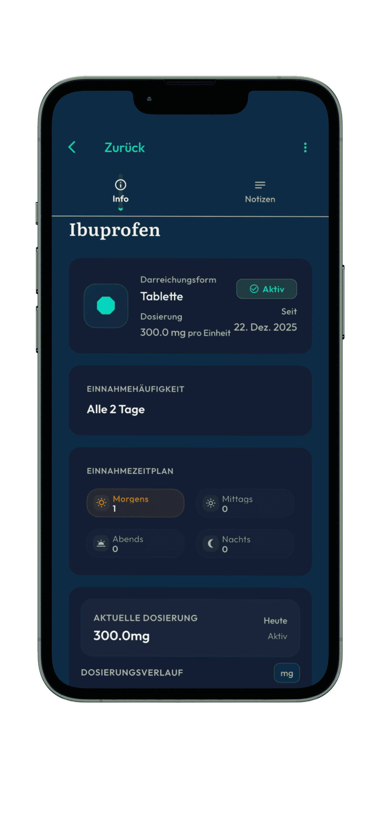 Medication detail screen with dosage and intake schedule