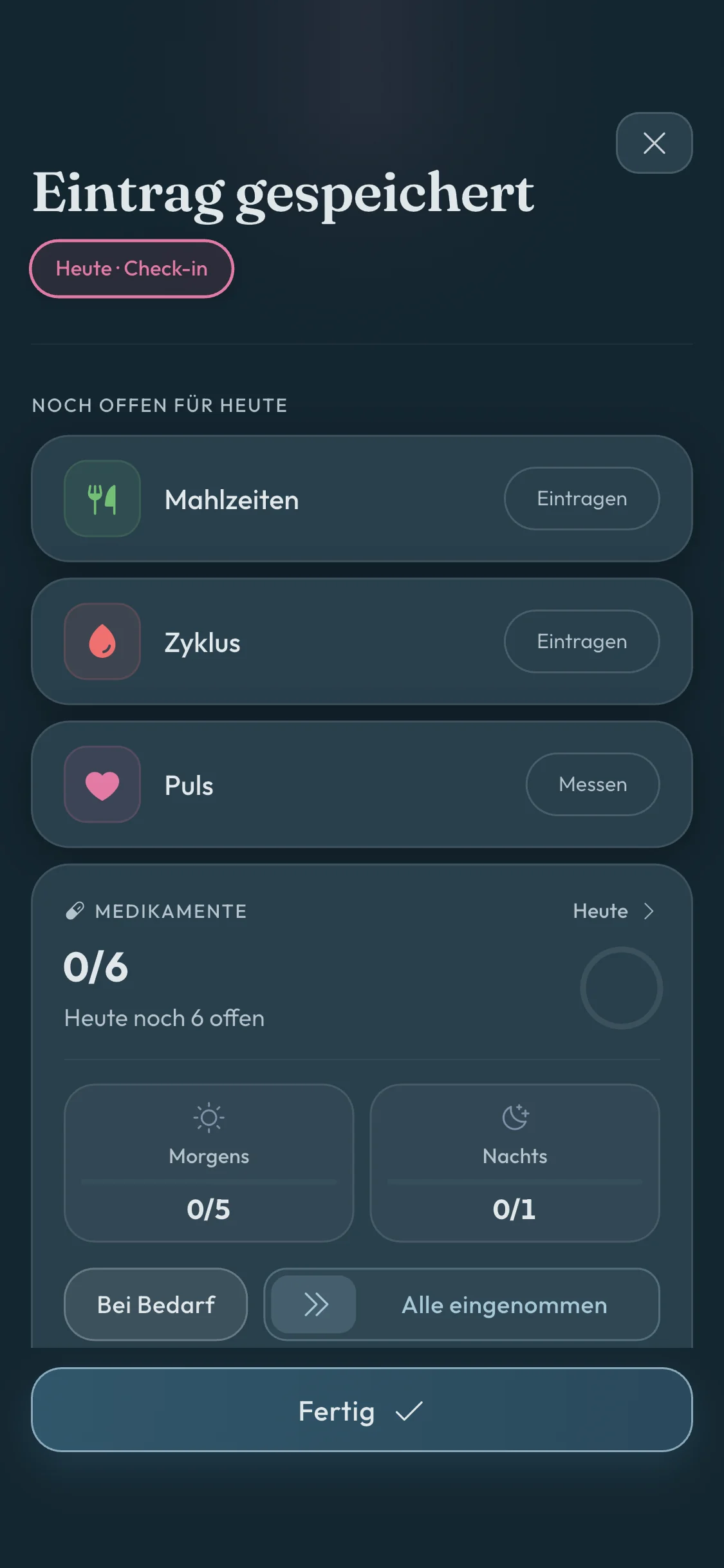 Elara Health daily context screen with medication intake and remaining entries